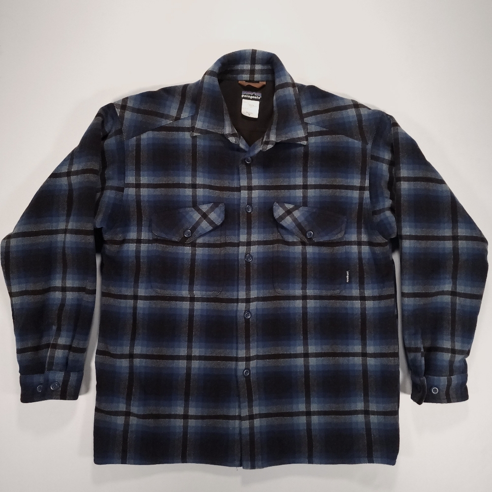 Patagonia Alder Shirt Jacket Wool Blend Fleece Lined Mens M Blue Black Rare! GUC